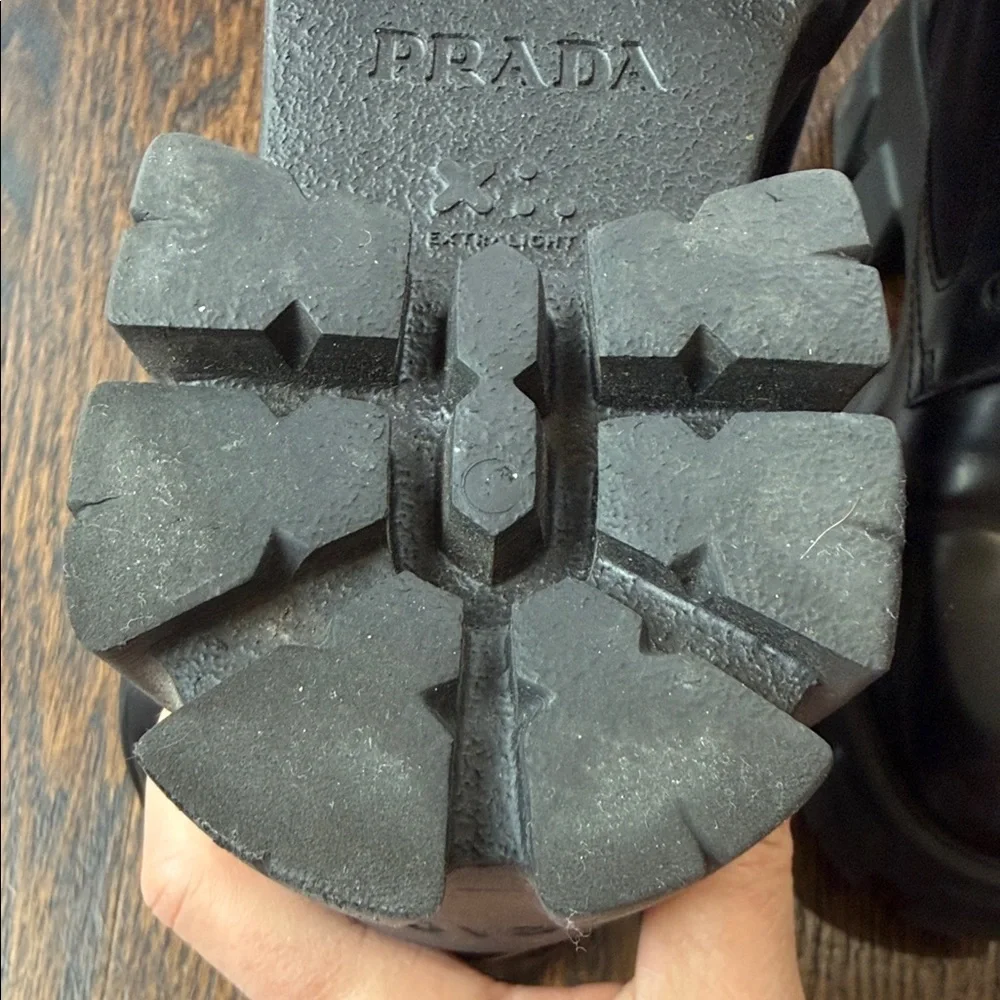 Prada Black Leather Lug-Sole Combat Boots with Detachable Mini Pouch - Picture 12 of 16